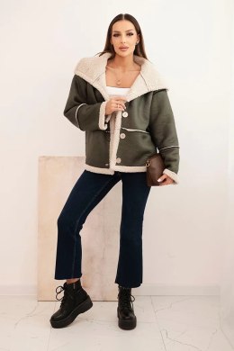 Kurtka damska Plus Size ocieplana z barankiem i guzikami krótki fason khaki