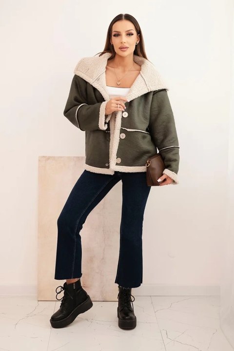 Kurtka damska Plus Size ocieplana z barankiem i guzikami krótki fason khaki Kurtka damska Plus Size ocieplana z barankiem i guzikami krótki fason khaki