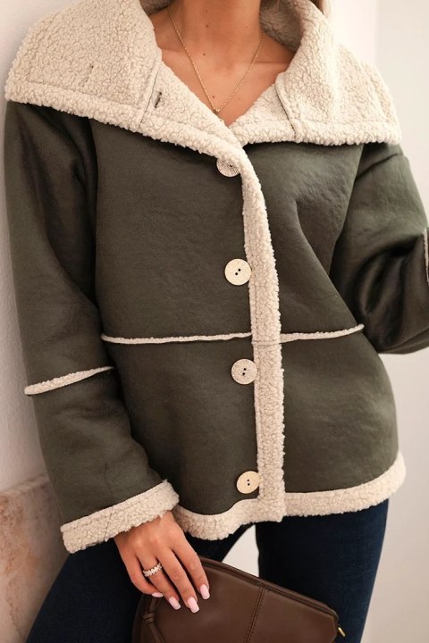 Kurtka damska Plus Size ocieplana z barankiem i guzikami krótki fason khaki Kurtka damska Plus Size ocieplana z barankiem i guzikami krótki fason khaki