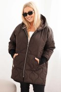 Kurtka damska Plus Size pikowana z kapturem brązowa