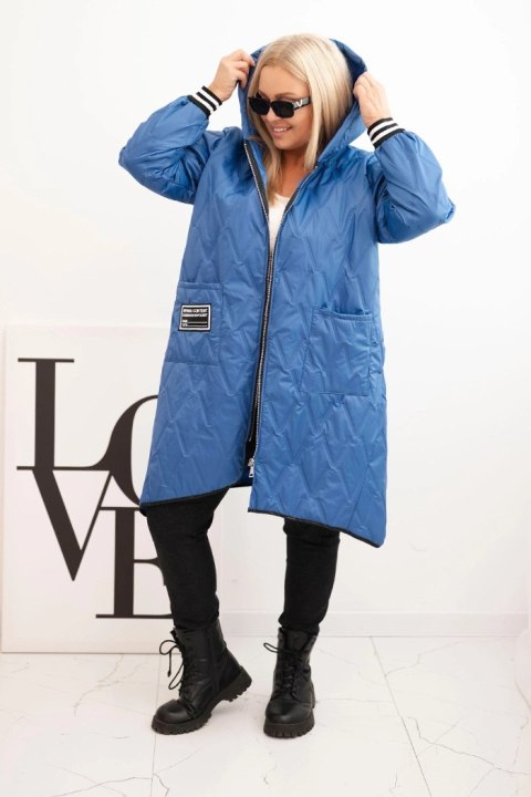 Kurtka damska Plus Size pikowana z kapturem i sportowymi mankietami jasno jeansowa Kurtka damska Plus Size pikowana z kapturem i sportowymi mankietami jasno jeansowa