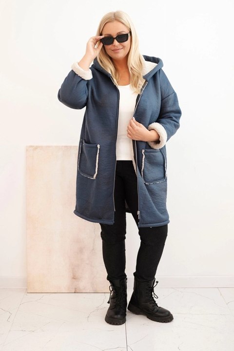Kurtka damska Plus Size z kapturem i kieszeniami ocieplana barankiem jeansowa Kurtka damska Plus Size z kapturem i kieszeniami ocieplana barankiem jeansowa