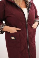 Kurtka damska pikowana Plus Size z podszewką w panterkę i kapturem bordowa
