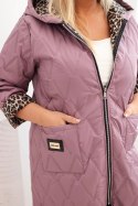 Kurtka damska pikowana Plus Size z podszewką w panterkę i kapturem ciemno różowa