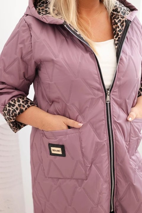 Kurtka damska pikowana Plus Size z podszewką w panterkę i kapturem ciemno różowa Kurtka damska pikowana Plus Size z podszewką w panterkę i kapturem ciemno różowa