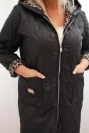 Kurtka damska pikowana Plus Size z podszewką w panterkę i kapturem czarna