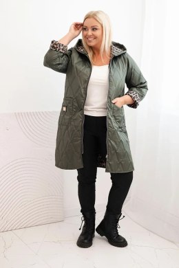Kurtka damska pikowana Plus Size z podszewką w panterkę i kapturem khaki