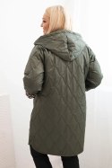 Kurtka damska pikowana Plus Size z podszewką w panterkę i kapturem khaki