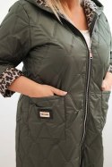 Kurtka damska pikowana Plus Size z podszewką w panterkę i kapturem khaki