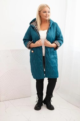 Kurtka damska pikowana Plus Size z podszewką w panterkę i kapturem morska