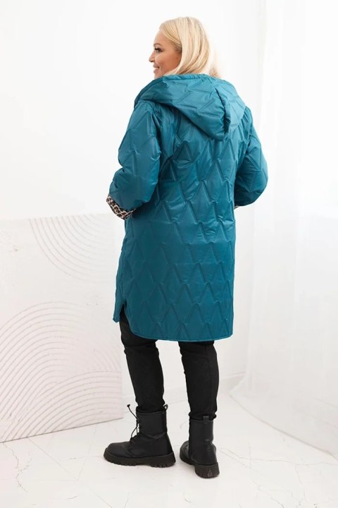 Kurtka damska pikowana Plus Size z podszewką w panterkę i kapturem morska