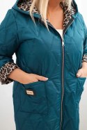 Kurtka damska pikowana Plus Size z podszewką w panterkę i kapturem morska