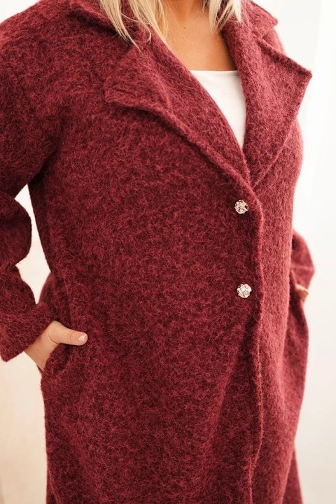 Płaszcz damski Plus Size z wełną i dużym kołnierzem bordowy