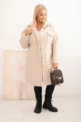 Płaszcz damski Plus Size z wełną zapinany na guziki z kieszeniami i kołnierzem beżowy