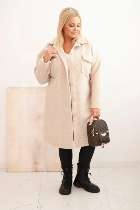 Płaszcz damski Plus Size z wełną zapinany na guziki z kieszeniami i kołnierzem beżowy Płaszcz damski Plus Size z wełną zapinany na guziki z kieszeniami i kołnierzem beżowy