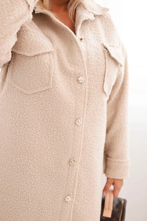 Płaszcz damski Plus Size z wełną zapinany na guziki z kieszeniami i kołnierzem beżowy Płaszcz damski Plus Size z wełną zapinany na guziki z kieszeniami i kołnierzem beżowy