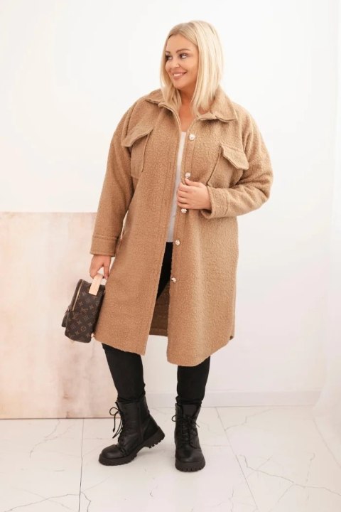 Płaszcz damski Plus Size z wełną zapinany na guziki z kieszeniami i kołnierzem camelowy Płaszcz damski Plus Size z wełną zapinany na guziki z kieszeniami i kołnierzem camelowy