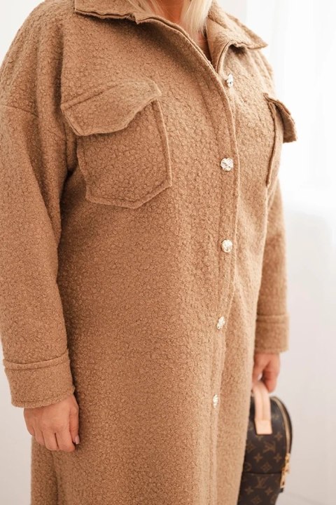 Płaszcz damski Plus Size z wełną zapinany na guziki z kieszeniami i kołnierzem camelowy Płaszcz damski Plus Size z wełną zapinany na guziki z kieszeniami i kołnierzem camelowy