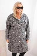 Płaszcz damski Plus Size z wełną zapinany na guziki z kieszeniami i kołnierzem grafitowy melanż
