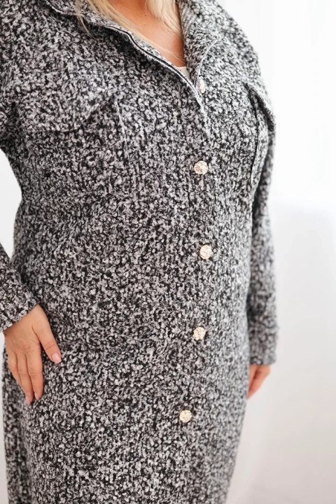 Płaszcz damski Plus Size z wełną zapinany na guziki z kieszeniami i kołnierzem grafitowy melanż Płaszcz damski Plus Size z wełną zapinany na guziki z kieszeniami i kołnierzem grafitowy melanż