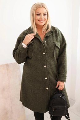 Płaszcz damski Plus Size z wełną zapinany na guziki z kieszeniami i kołnierzem khaki