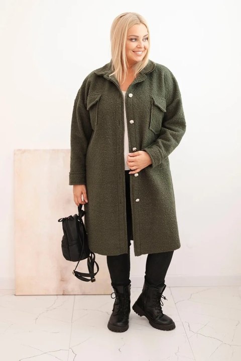 Płaszcz damski Plus Size z wełną zapinany na guziki z kieszeniami i kołnierzem khaki Płaszcz damski Plus Size z wełną zapinany na guziki z kieszeniami i kołnierzem khaki