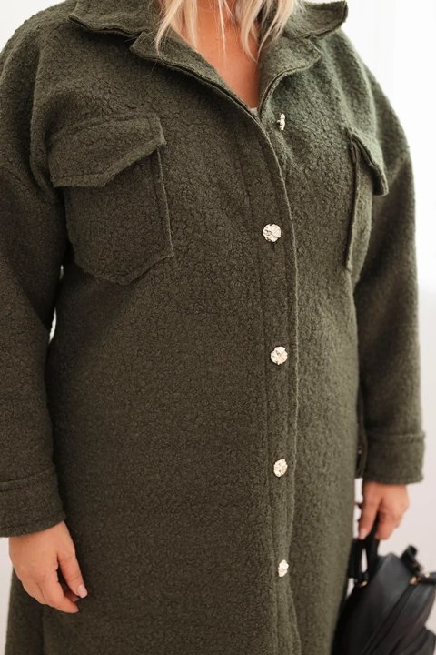 Płaszcz damski Plus Size z wełną zapinany na guziki z kieszeniami i kołnierzem khaki Płaszcz damski Plus Size z wełną zapinany na guziki z kieszeniami i kołnierzem khaki