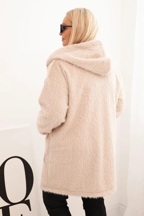 Płaszcz damski Plus Size z wiskozy zapinany na suwak z kapturem beżowy Płaszcz damski Plus Size z wiskozy zapinany na suwak z kapturem beżowy