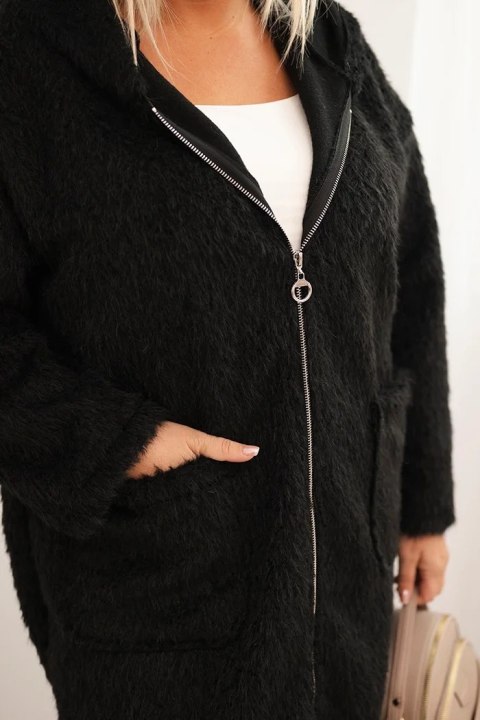 Płaszcz damski Plus Size z wiskozy zapinany na suwak z kapturem czarny Płaszcz damski Plus Size z wiskozy zapinany na suwak z kapturem czarny