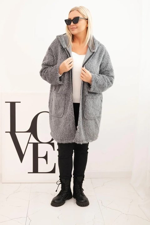 Płaszcz damski Plus Size z wiskozy zapinany na suwak z kapturem szary