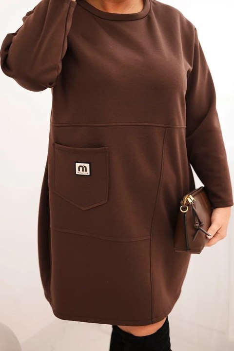 Sukienka damska Plus Size masełko z kieszenią i rękawem 3/4 brązowa Sukienka damska Plus Size masełko z kieszenią i rękawem 3/4 brązowa