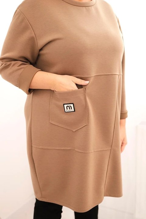 Sukienka damska Plus Size masełko z kieszenią i rękawem 3/4 camelowa Sukienka damska Plus Size masełko z kieszenią i rękawem 3/4 camelowa