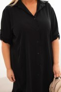 Sukienka damska koszulowa Plus Size z dłuższym tyłem i podwijanym rękawem czarna
