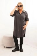 Sukienka damska koszulowa Plus Size z dłuższym tyłem i podwijanym rękawem grafitowa