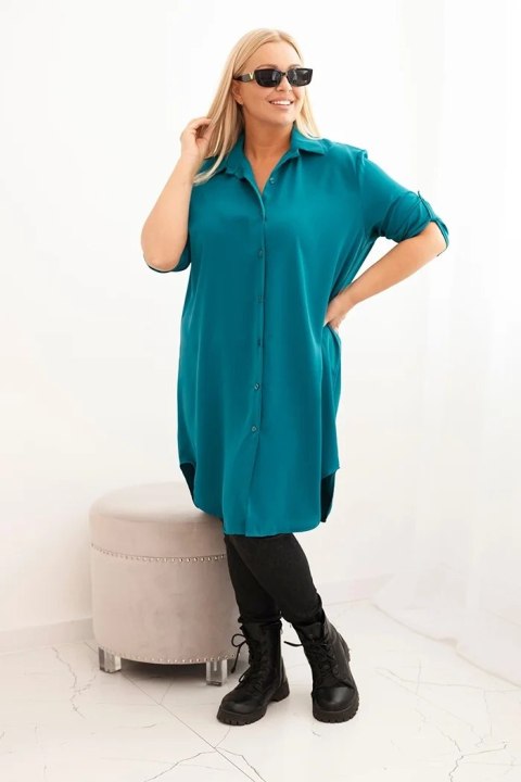 Sukienka damska koszulowa Plus Size z dłuższym tyłem i podwijanym rękawem morska Sukienka damska koszulowa Plus Size z dłuższym tyłem i podwijanym rękawem morska