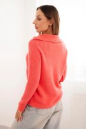 Sweter damski z baby alpaki z kołnierzem i dekoltem V różowy
