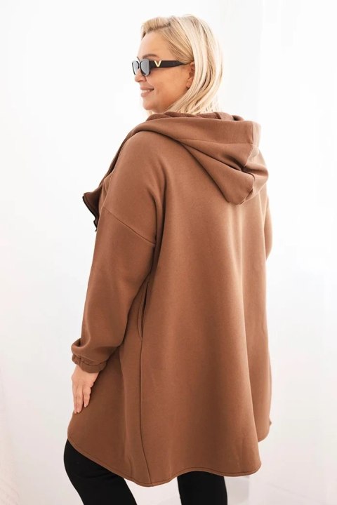 Bluza damska Plus Size ocieplana z kapturem i asymetrycznym zamkiem brązowa Bluza damska Plus Size ocieplana z kapturem i asymetrycznym zamkiem brązowa
