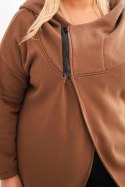 Bluza damska Plus Size ocieplana z kapturem i asymetrycznym zamkiem brązowa
