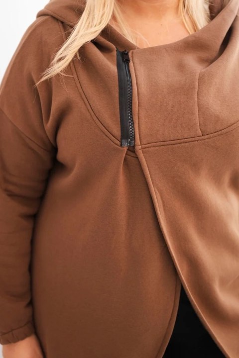 Bluza damska Plus Size ocieplana z kapturem i asymetrycznym zamkiem brązowa Bluza damska Plus Size ocieplana z kapturem i asymetrycznym zamkiem brązowa