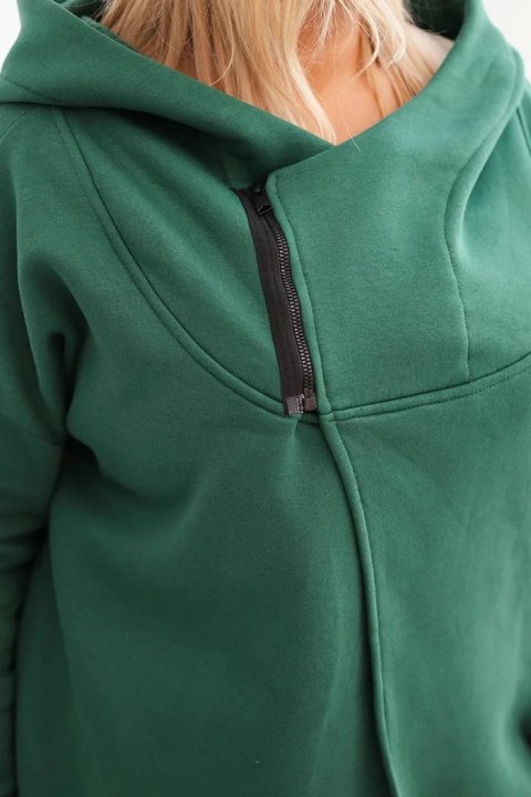 Bluza damska Plus Size ocieplana z kapturem i asymetrycznym zamkiem ciemno zielona Bluza damska Plus Size ocieplana z kapturem i asymetrycznym zamkiem ciemno zielona