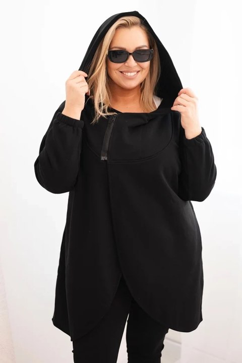 Bluza damska Plus Size ocieplana z kapturem i asymetrycznym zamkiem czarna Bluza damska Plus Size ocieplana z kapturem i asymetrycznym zamkiem czarna