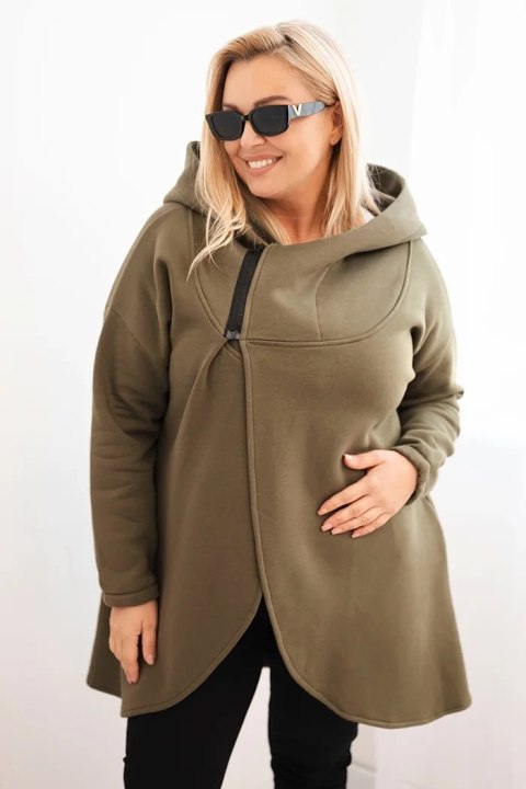 Bluza damska Plus Size ocieplana z kapturem i asymetrycznym zamkiem khaki Bluza damska Plus Size ocieplana z kapturem i asymetrycznym zamkiem khaki