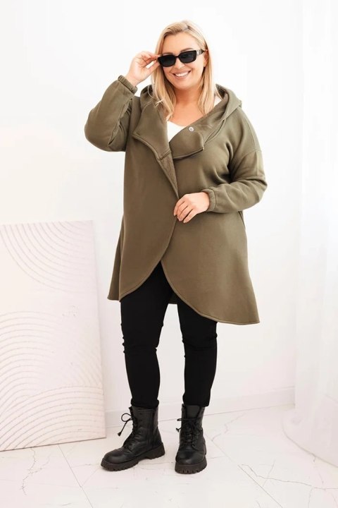 Bluza damska Plus Size ocieplana z kapturem i asymetrycznym zamkiem khaki Bluza damska Plus Size ocieplana z kapturem i asymetrycznym zamkiem khaki