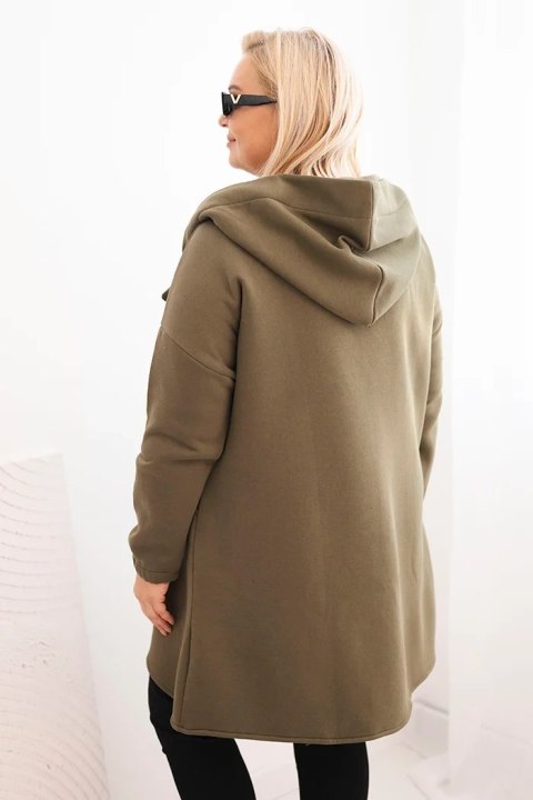Bluza damska Plus Size ocieplana z kapturem i asymetrycznym zamkiem khaki Bluza damska Plus Size ocieplana z kapturem i asymetrycznym zamkiem khaki