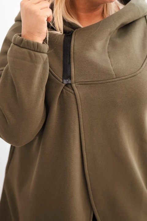 Bluza damska Plus Size ocieplana z kapturem i asymetrycznym zamkiem khaki Bluza damska Plus Size ocieplana z kapturem i asymetrycznym zamkiem khaki