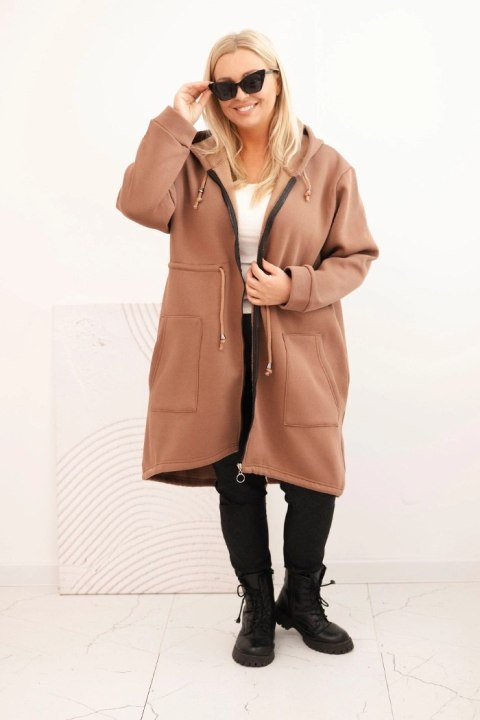 Bluza damska ocieplana Plus Size z kapturem i kieszeniami brązowa Bluza damska ocieplana Plus Size z kapturem i kieszeniami brązowa