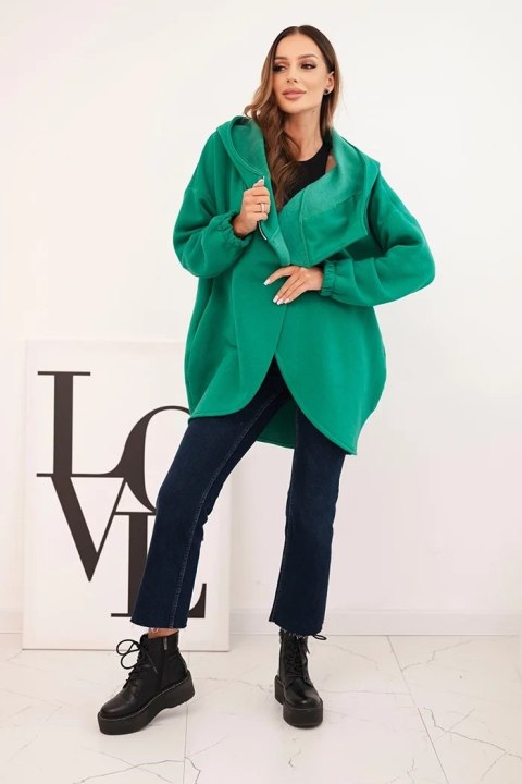 Bluza damska ocieplana z kapturem i asymetrycznym zamkiem zielona