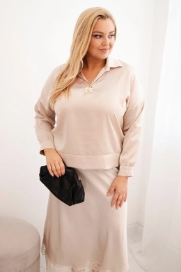 Komplet damska Plus Size z satynowym połyskiem i koronką beżowy