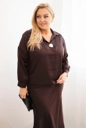 Komplet damska Plus Size z satynowym połyskiem i koronką brązowy