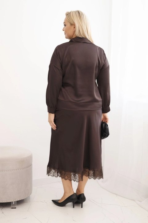 Komplet damska Plus Size z satynowym połyskiem i koronką brązowy Komplet damska Plus Size z satynowym połyskiem i koronką brązowy